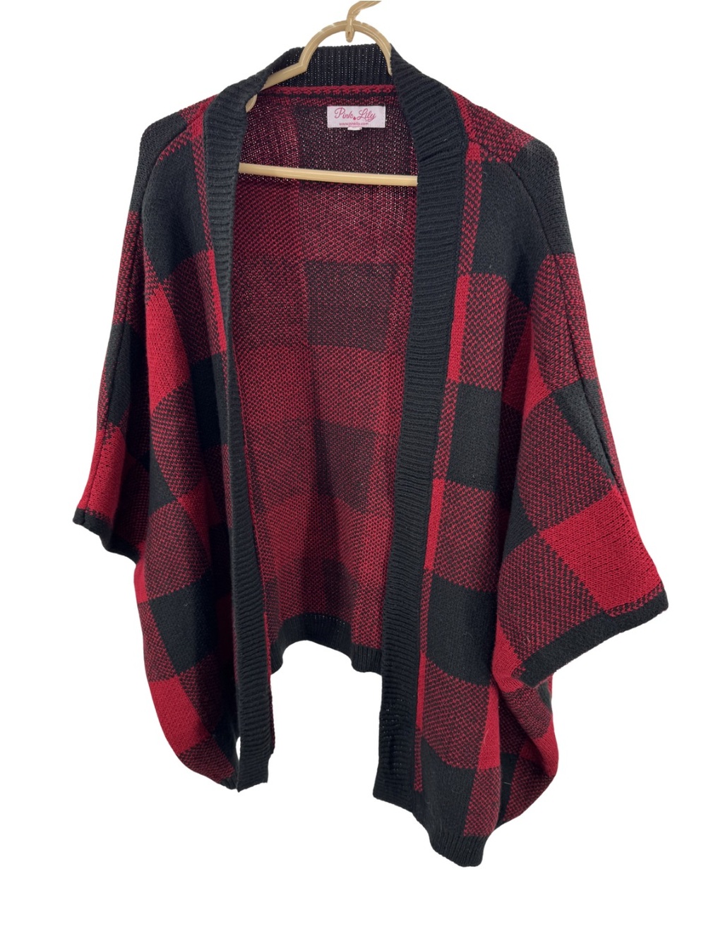 Pink Lily Red and Black Buffalo Plaid Open Cardigan wrap slouchy S fall winter